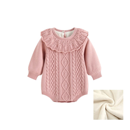 Soft pink baby girl cable knit sweater romper with warm fleece-lined interior inset icon.