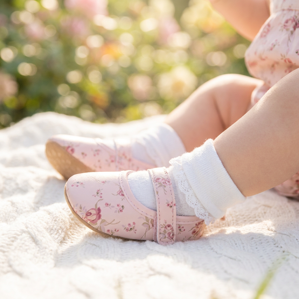 Baby girl wearing pink floral first walker shoes while sitting outside on a blanket.