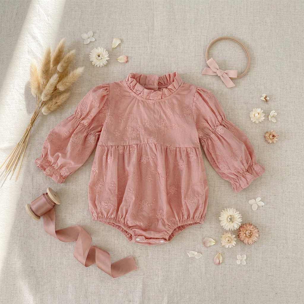 Styled flat lay of a baby girl pink floral embroidered bubble romper, surrounded by dried flowers, a pink ribbon spool, and a matching bow headband on a textured linen background.