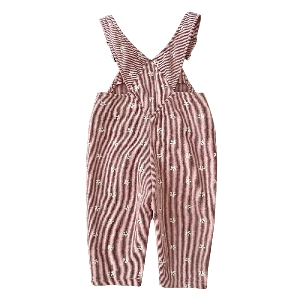 Back view of baby and toddler girl pink floral corduroy overalls showing the criss-cross suspender strap design.