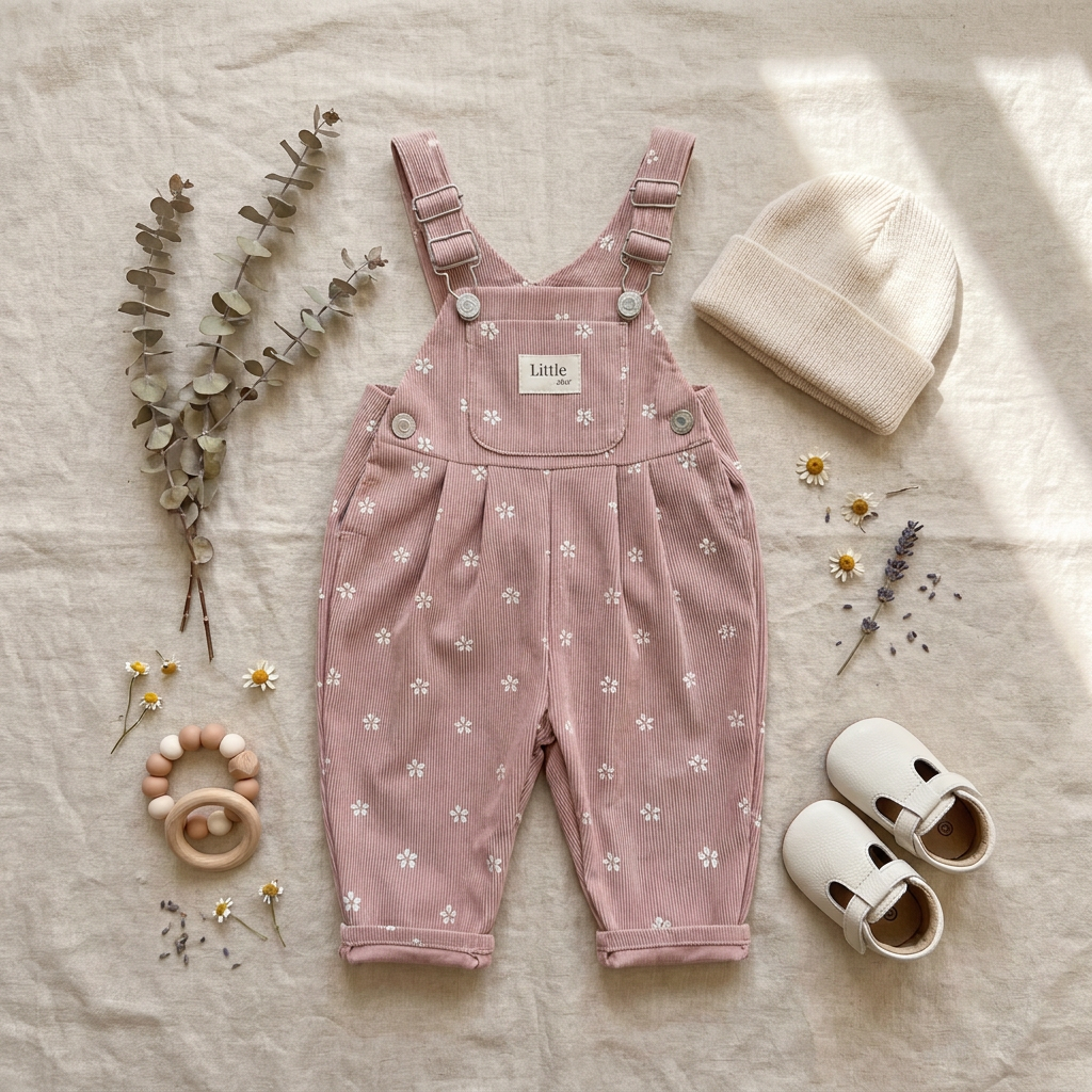 Flat lay of baby and toddler girl pink floral corduroy overalls styled with a cream knit beanie, white t-strap baby shoes, a wooden teether, and dried botanicals on a neutral linen background.