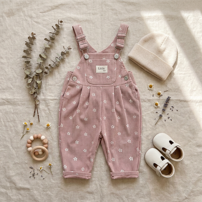 Flat lay of baby and toddler girl pink floral corduroy overalls styled with a cream knit beanie, white t-strap baby shoes, a wooden teether, and dried botanicals on a neutral linen background.