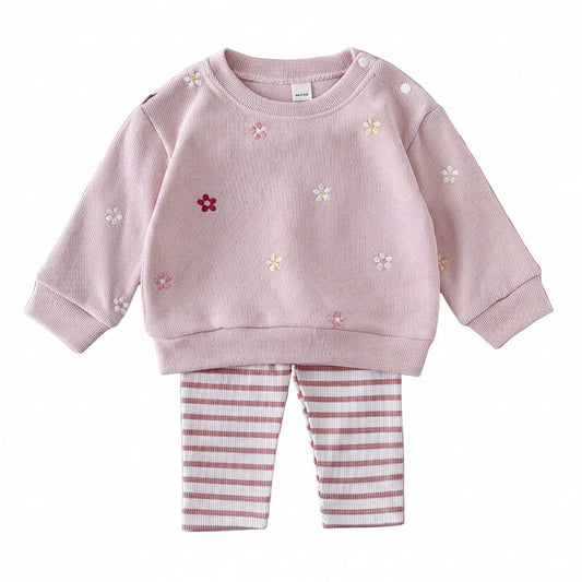 Baby girl's dusty pink long-sleeve pullover sweatshirt with floral embroidery paired with pink and white striped leggings.