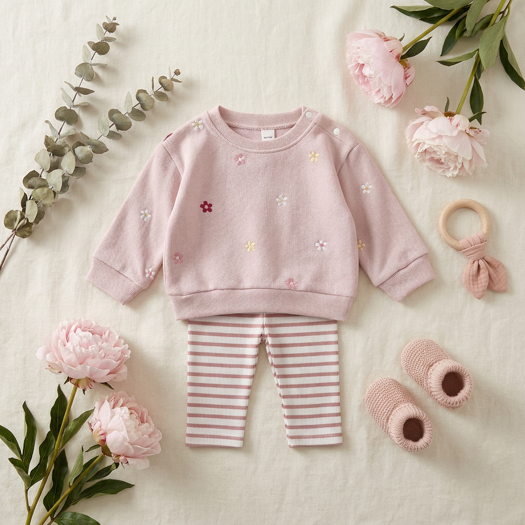 Beautiful flat lay of the pink floral embroidered toddler outfit set with matching pink shoes and decorative peonies.