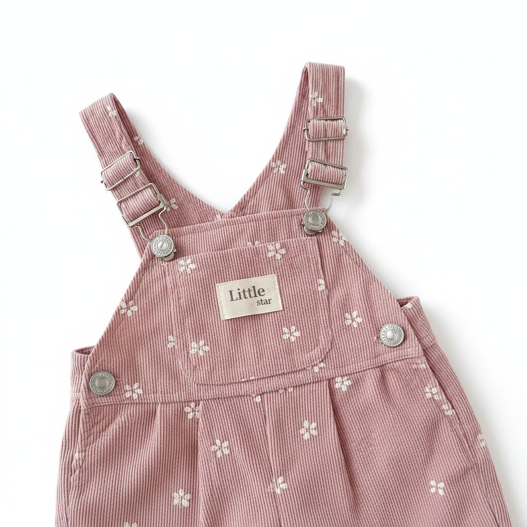 Close-up of the front bib on pink floral toddler overalls, highlighting a Little Star patch and adjustable metal suspender buckles.