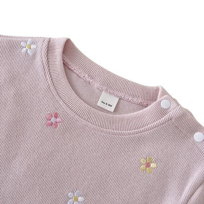 Close-up of the dusty pink crewneck collar showing convenient shoulder snaps and delicate floral embroidery.
