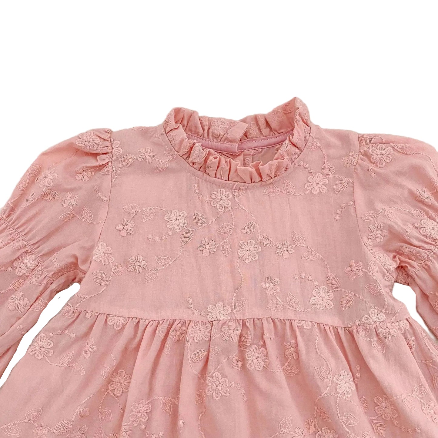 Close-up detail of the vintage-inspired ruffle mock neckline on a pink floral embroidered cotton dress.