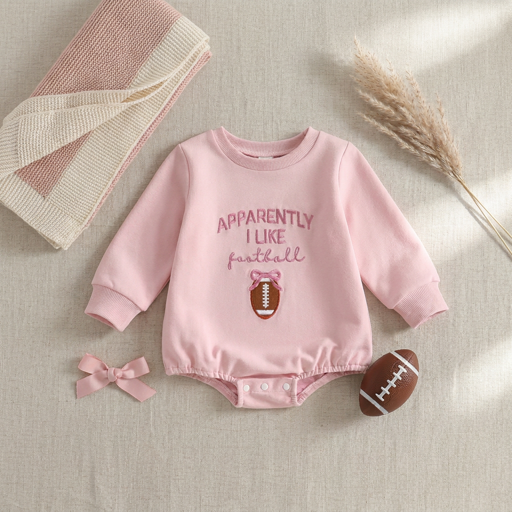Styled flat lay of the pink baby girl football bubble romper placed next to a folded blanket, a pink bow headband, and a miniature toy football.