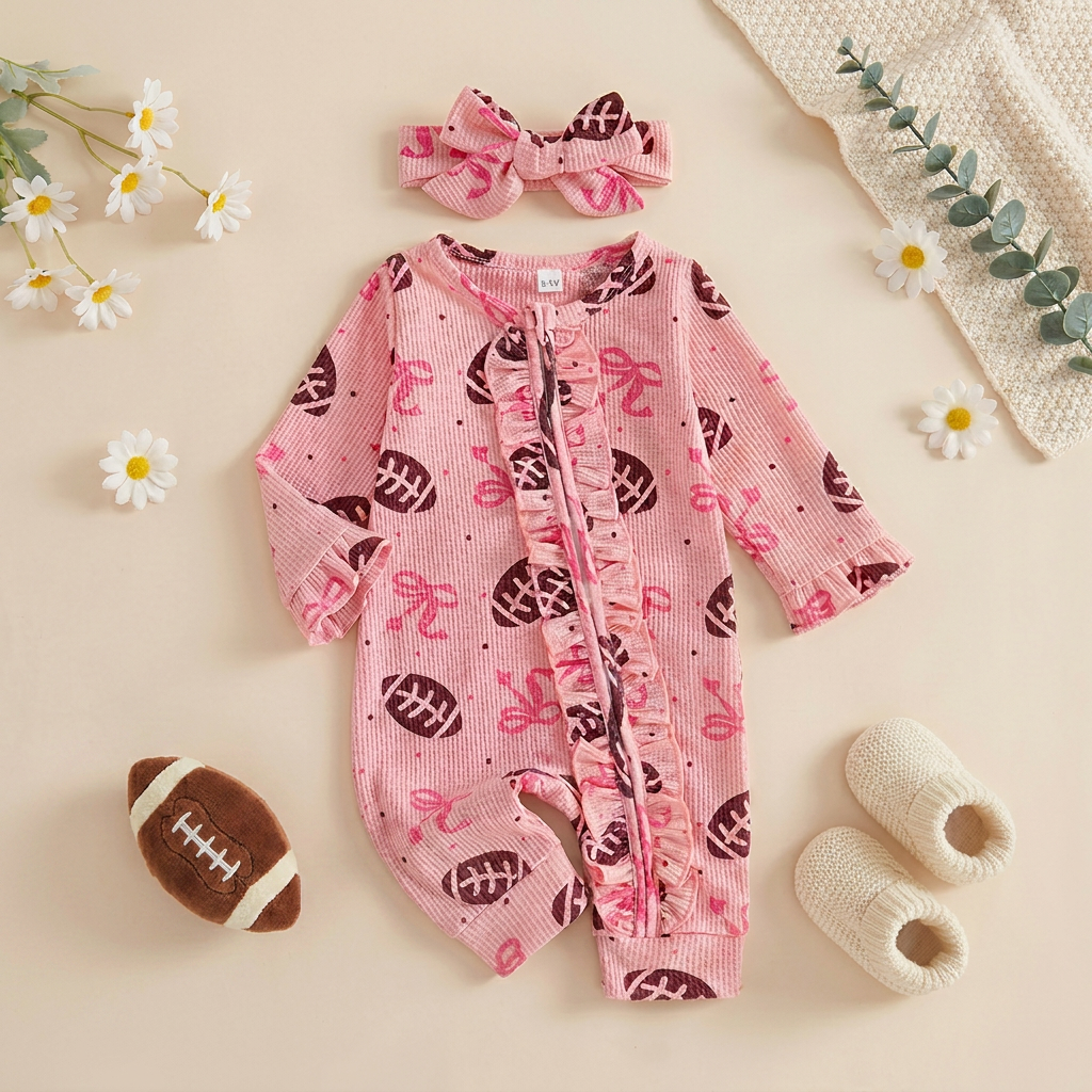 Flat lay of the pink waffle-knit baby girl romper with football and bow print, alongside the matching bow headband, a small plush football, white knit baby booties, and daisies on a beige background.