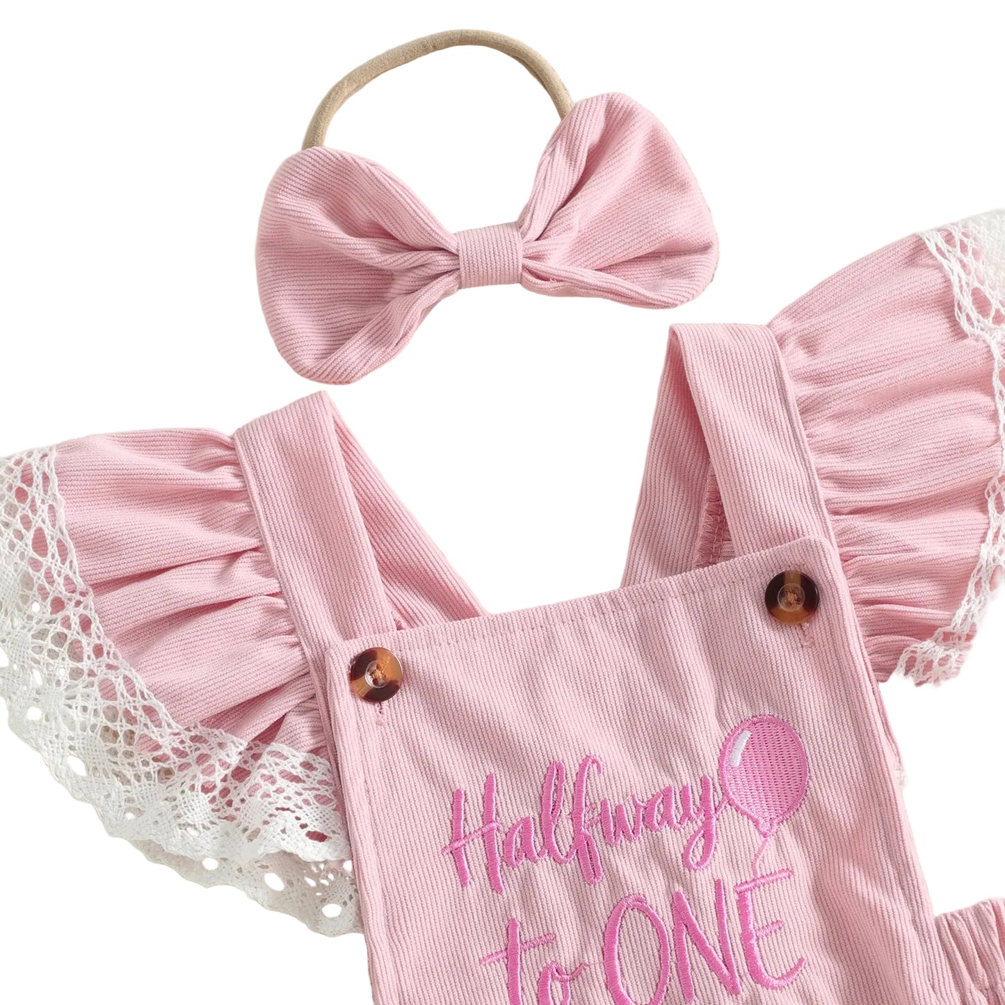 Close-up of the pink baby girl 6-month birthday romper highlighting the "Halfway to ONE" pink embroidery and button details.