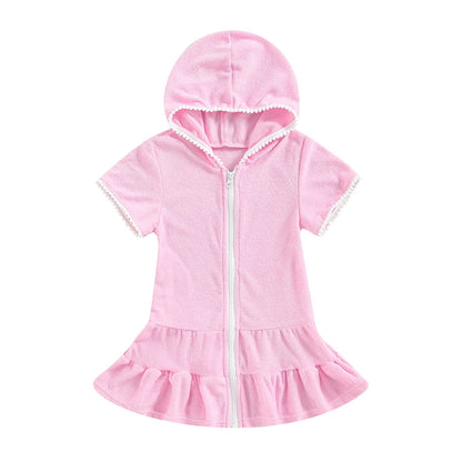 Soft pink hooded swim cover-up for girls with white zipper and ruffle skirt detail.