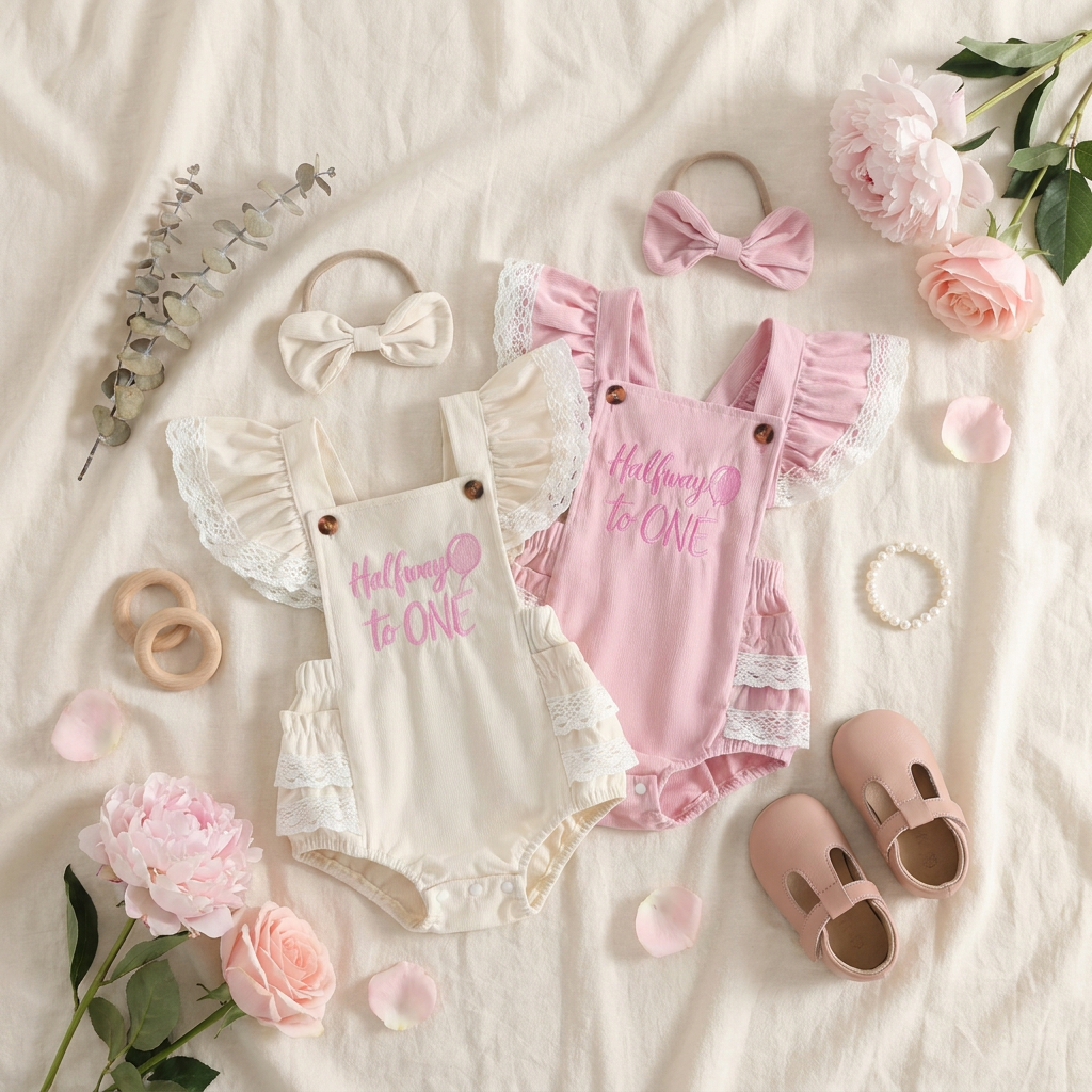 Flat lay showcasing both the pink and ivory baby girl 6-month birthday rompers with matching headbands and accessories.
