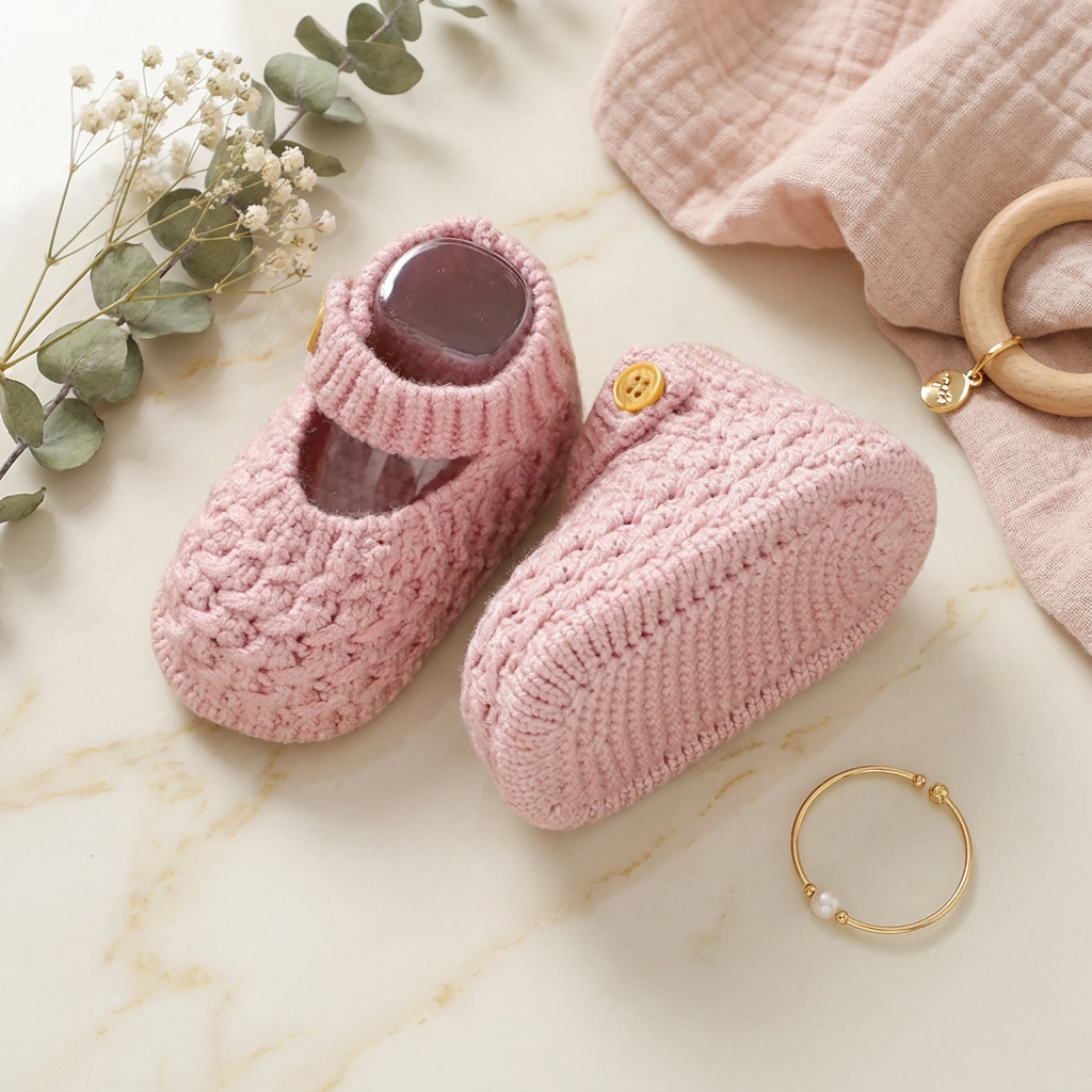 A pair of soft pink knit Mary Jane baby booties styled on a light marble surface alongside dried flowers, a pink muslin cloth, a wooden teething ring, and a delicate gold bracelet.