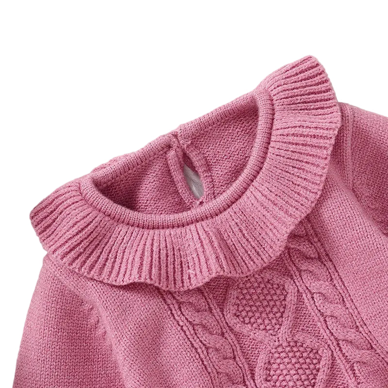 Close-up detail of the ribbed ruffle crew neck collar and single-button keyhole closure on a pink sweater dress.