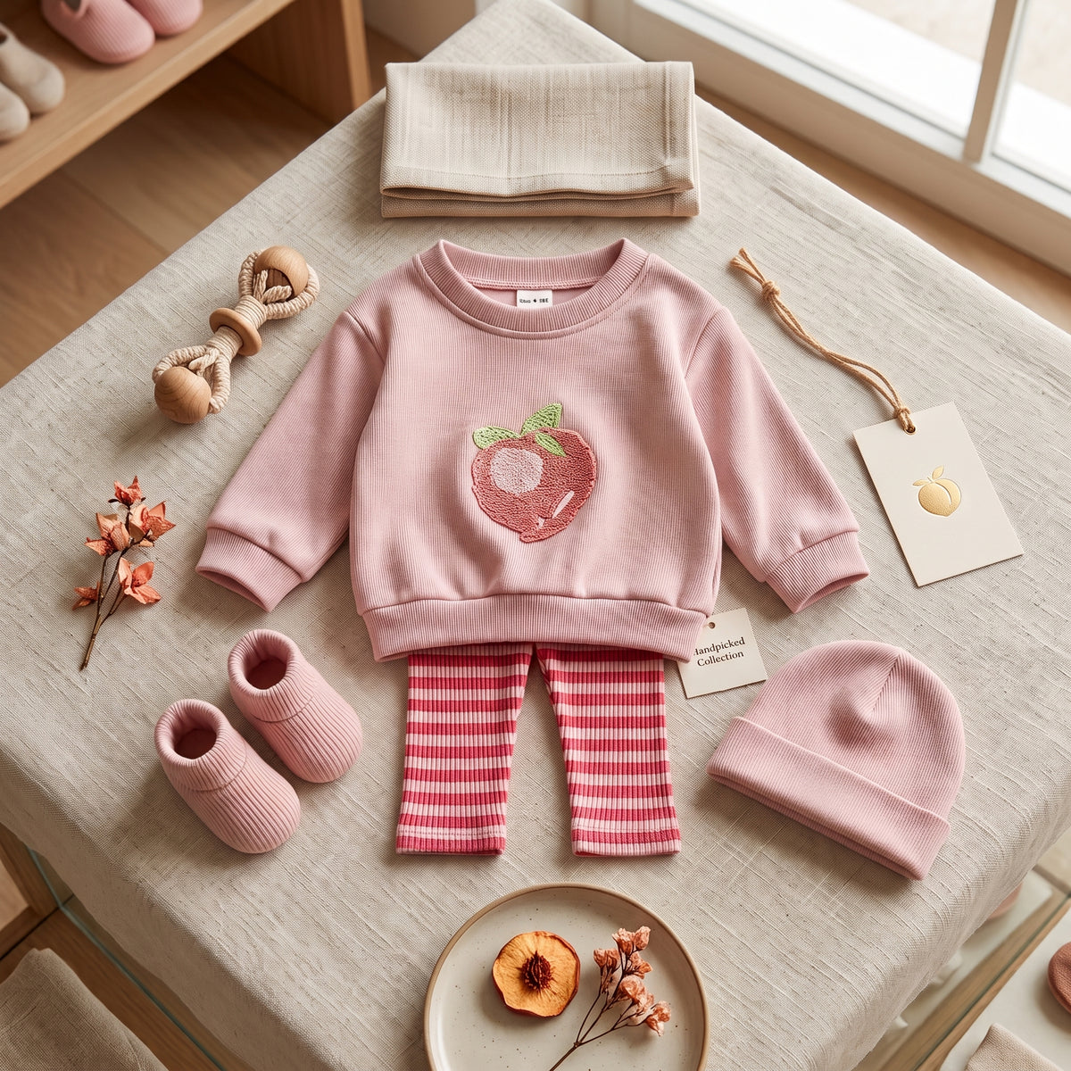 Styled flat lay of the pink peach baby outfit set arranged on a textured blanket with matching pink shoes, a beanie hat, and wooden aesthetic toys.