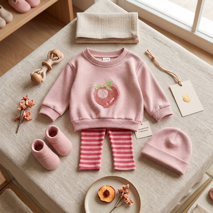 Styled flat lay of the pink peach baby outfit set arranged on a textured blanket with matching pink shoes, a beanie hat, and wooden aesthetic toys.