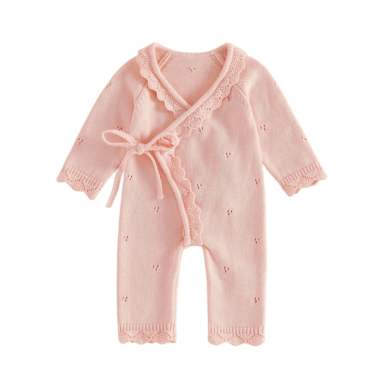 Pink pointelle knit baby girl kimono romper with scalloped trim and side tie on a white background.