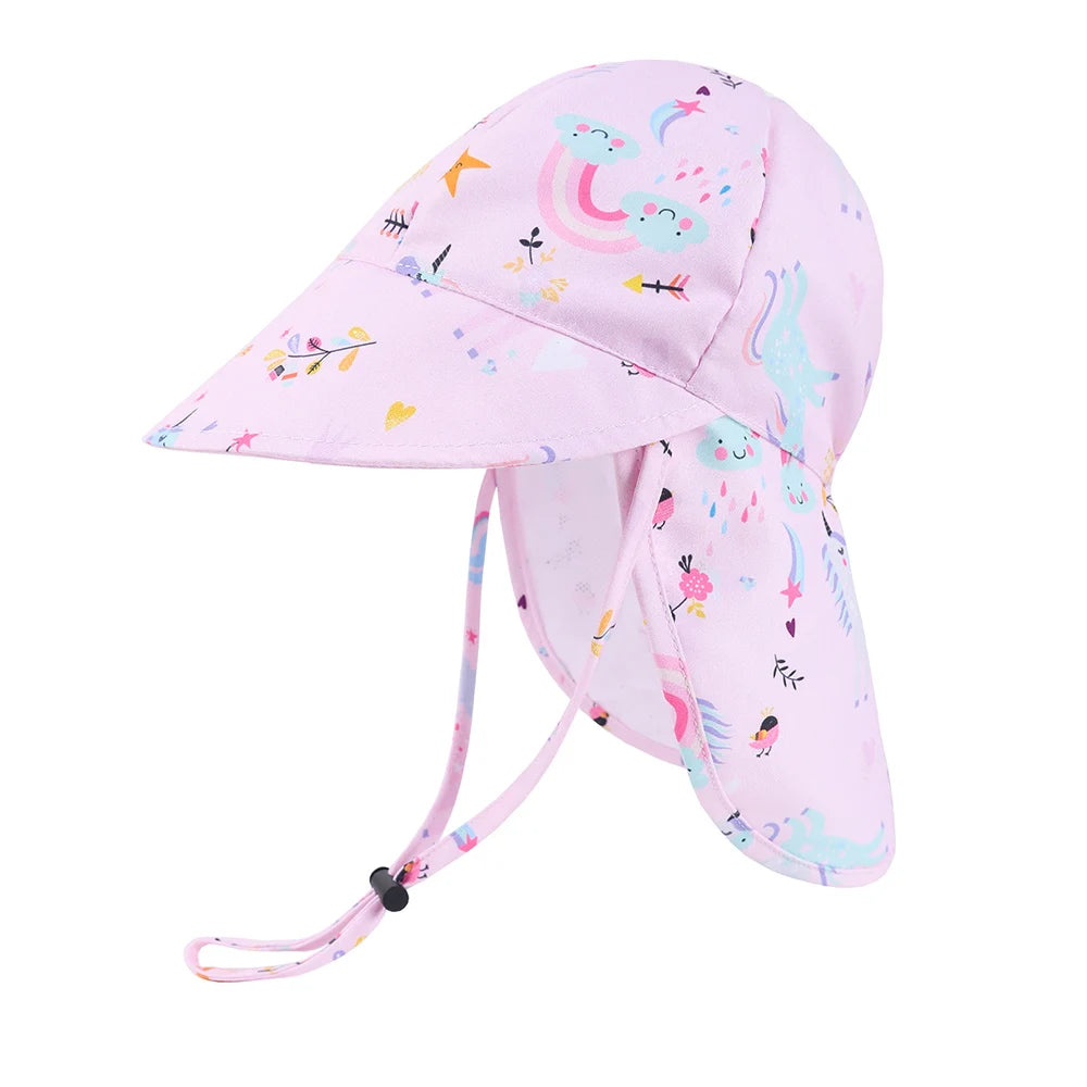 Pink rainbow and unicorn print toddler girls sun hat with a neck flap and adjustable chin strap on a white background.