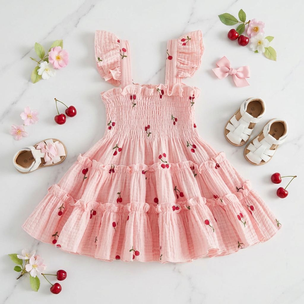 Pink dress with cherry pattern on a white background with shoes and flowers.