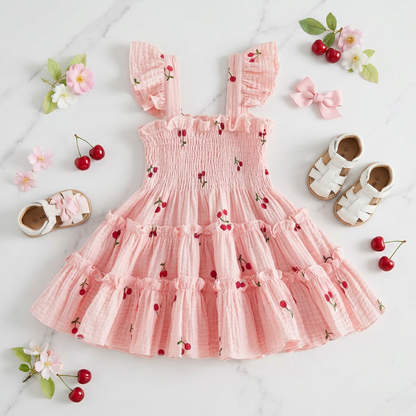 Pink dress with cherry pattern on a white background with shoes and flowers.