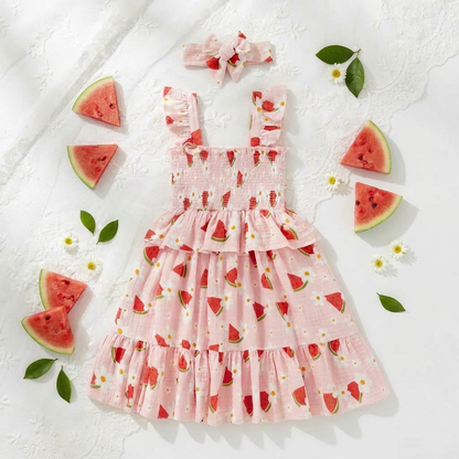 Girl's pink smocked watermelon dress on a white lace background