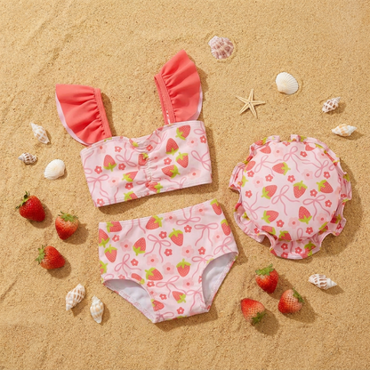 Pink strawberry bikini for baby and toddler girls on a sand background