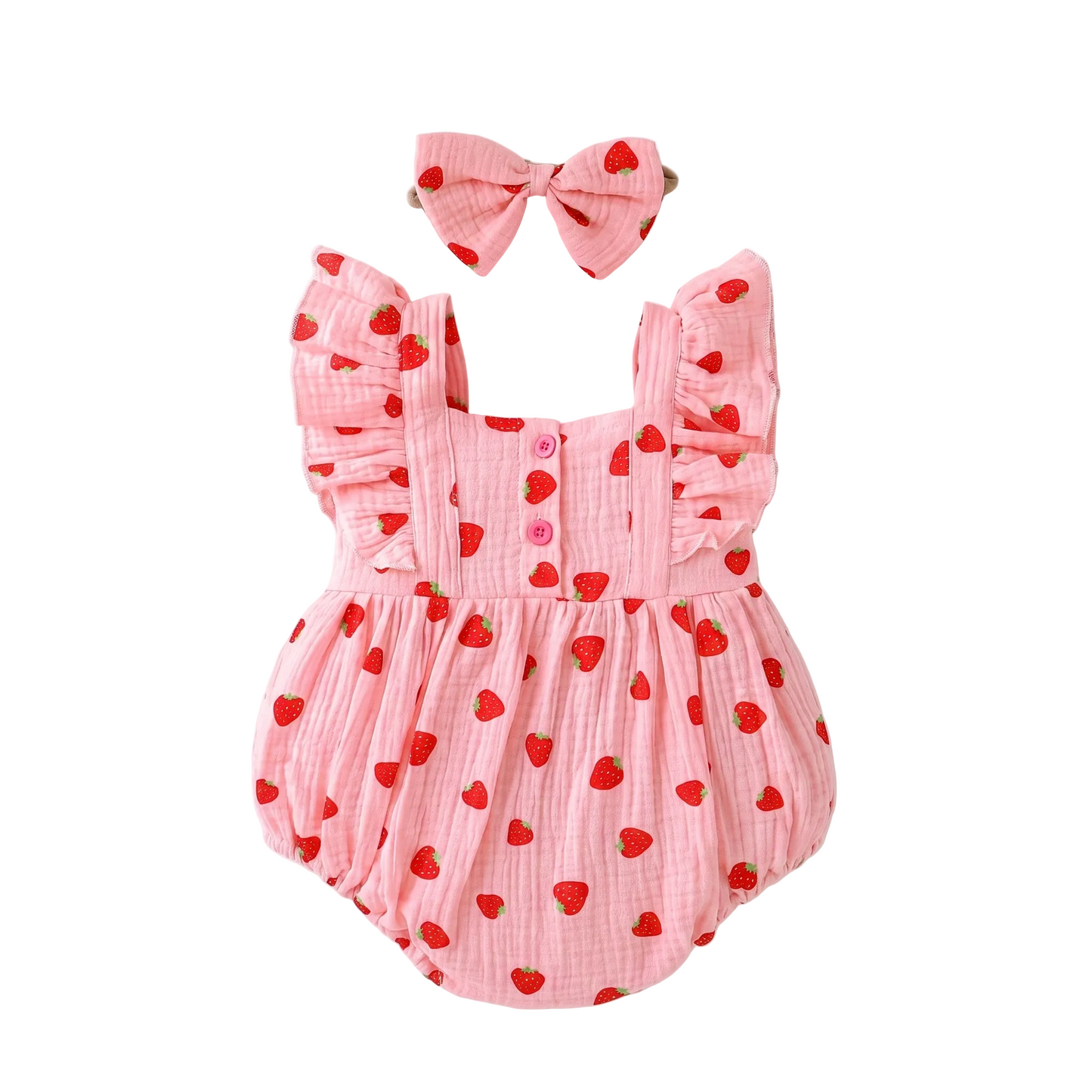 Back view of the pink strawberry print muslin baby girl bubble romper and headband on a white background.