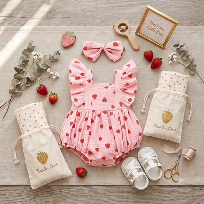 Styled flat lay of a pink strawberry print baby romper outfit arranged with white shoes, drawstring gift bags, and botanical accents.