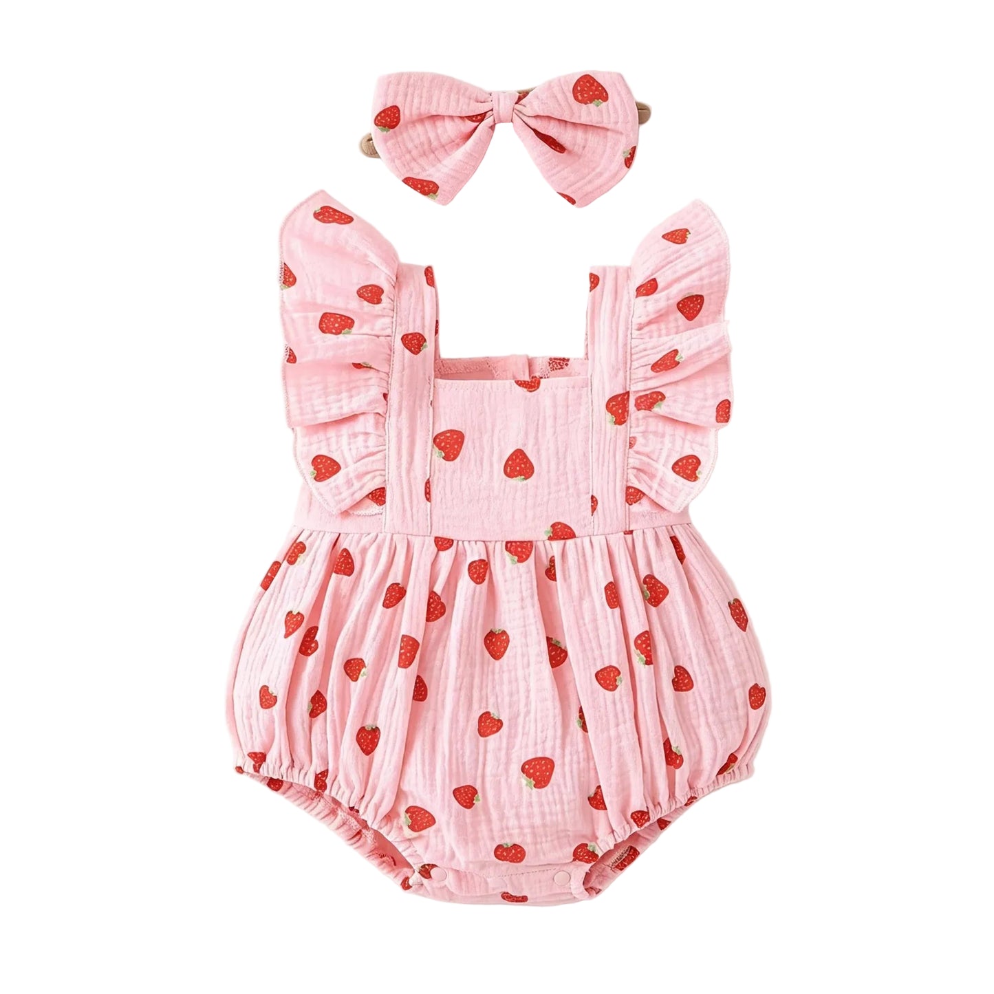 Pink strawberry print muslin baby girl bubble romper and matching bow headband set on a white background.