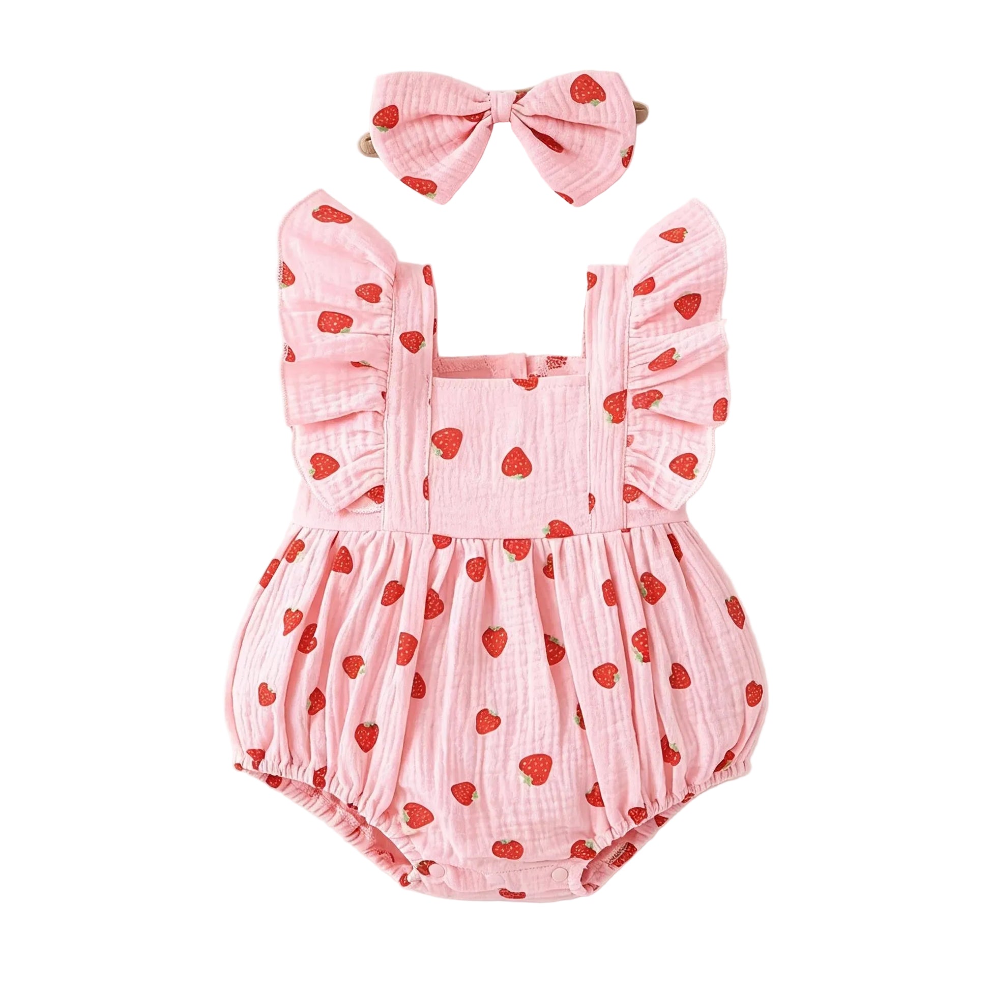 Pink strawberry print muslin baby girl bubble romper and matching bow headband set on a white background.