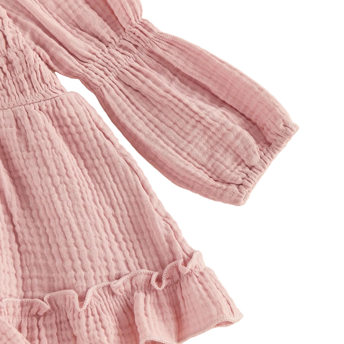 Close-up detail of the long balloon sleeve and gathered ruffled cuff on the pink strawberry baby romper.