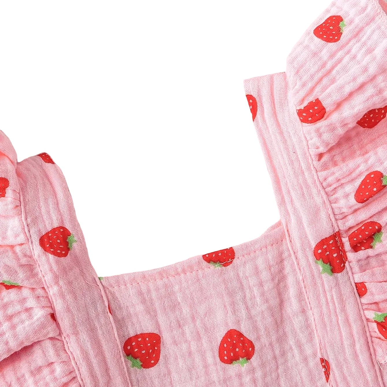 Close-up of the square neckline and flutter ruffle shoulder straps on the pink strawberry print baby romper.