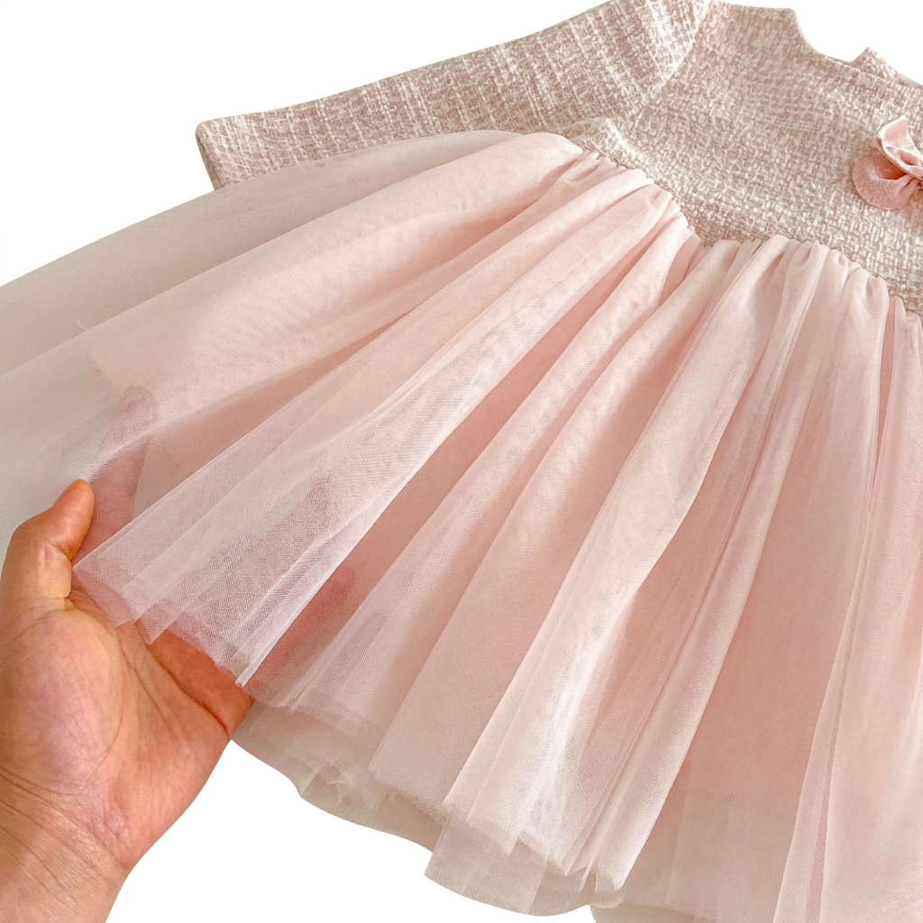 A close-up view showing the quality, weight, and multiple soft mesh layers of the pink tulle puff skirt being held up to demonstrate volume.