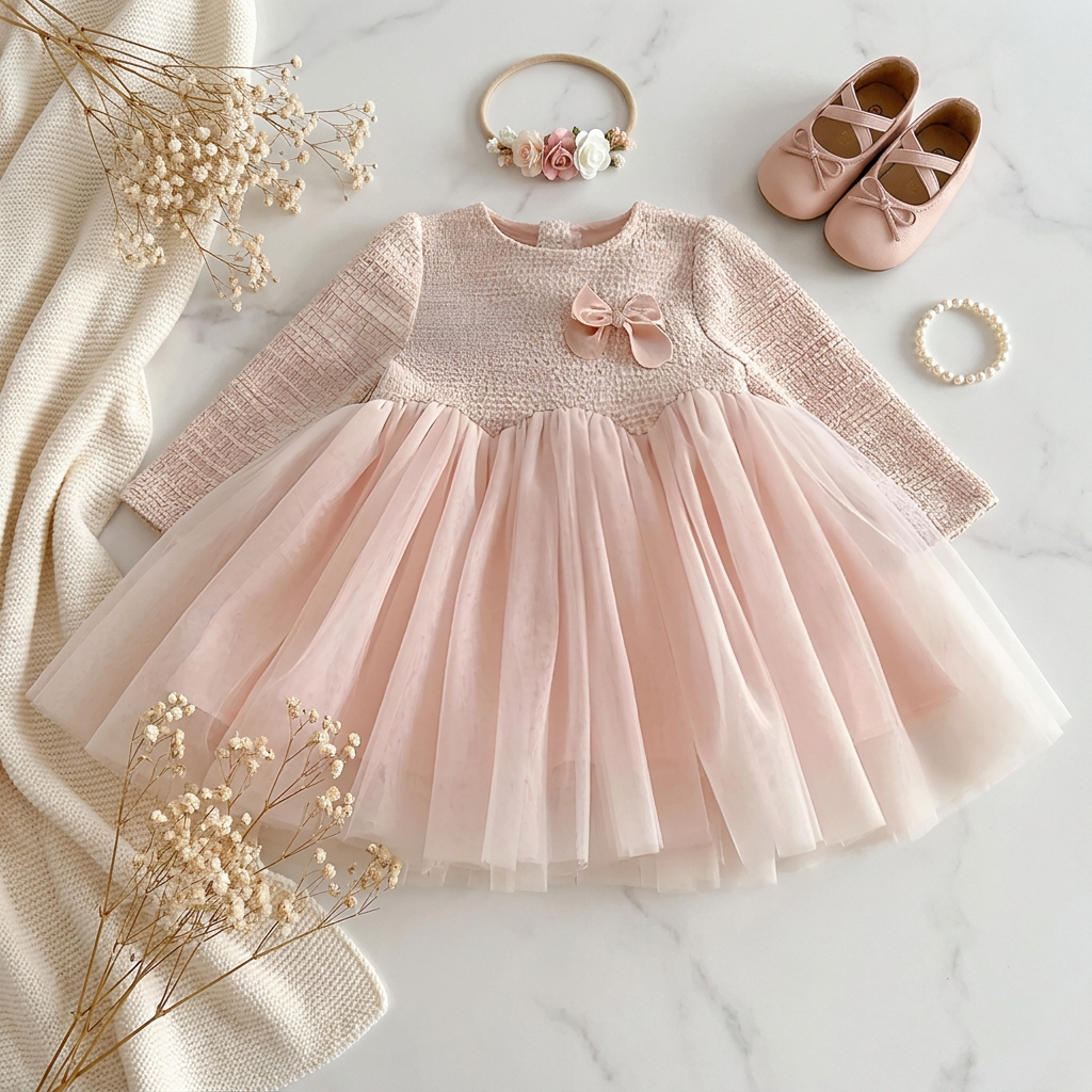 Flat lay arrangement of the pink tweed and tulle infant to toddler dress styled alongside a matching bow headband, baby shoes, and decorative dried flowers.