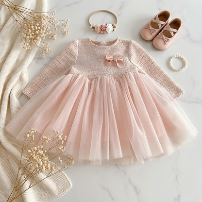 Flat lay arrangement of the pink tweed and tulle infant to toddler dress styled alongside a matching bow headband, baby shoes, and decorative dried flowers.