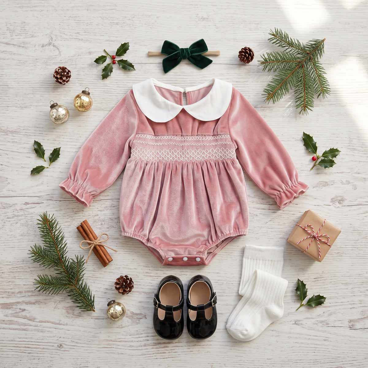 Pink velvet smocked baby bubble romper flat lay with hair bow, socks, and holiday decor