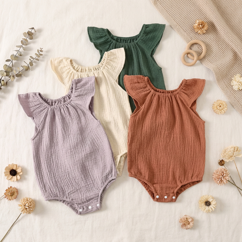 Styled lifestyle flat lay of four baby girl cotton muslin rompers in wild lavender, oatmeal milk, juniper pine, and terracotta colors surrounded by dried flowers and a wooden teething ring.