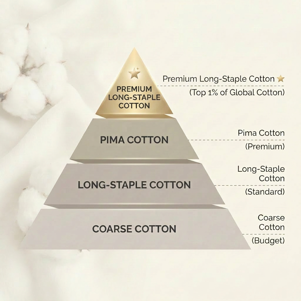 Graphic chart showing layers of cotton quality with Premium Long-Staple Cotton sitting at the top gold tier, representing the top one percent of global cotton.