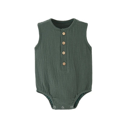 Kidsely Premium Muslin Cotton Baby Romper in Moss Olive green featuring functional wood-style buttons and reinforced boutique stitching.