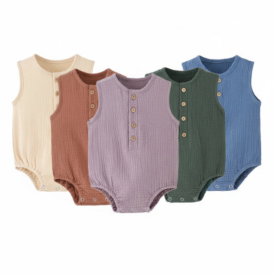 Kidsely Premium Muslin Cotton Baby Rompers: A curated collection of sleeveless summer Henley bodysuits for newborns to toddlers (0-24M). Shown in 5 nature-inspired earth tones with functional wood-style buttons and reinforced overlock stitching.