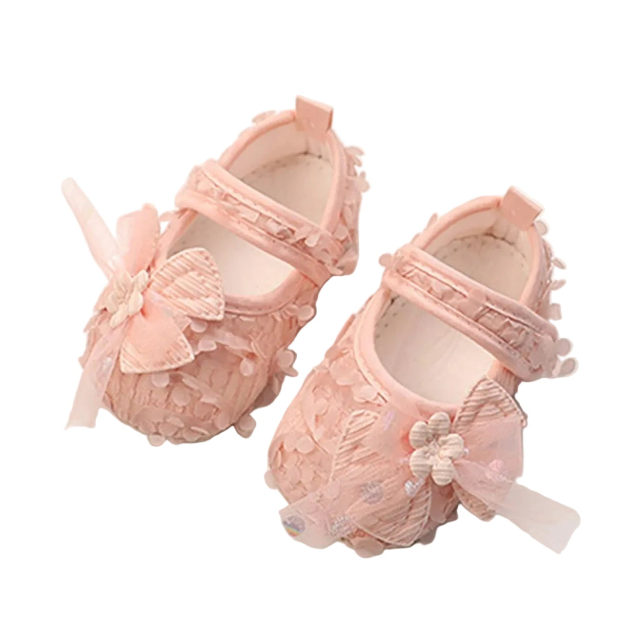 Pair of Kidsely petal pink baby girl princess first walker shoes with 3D floral petals and tulle bow.