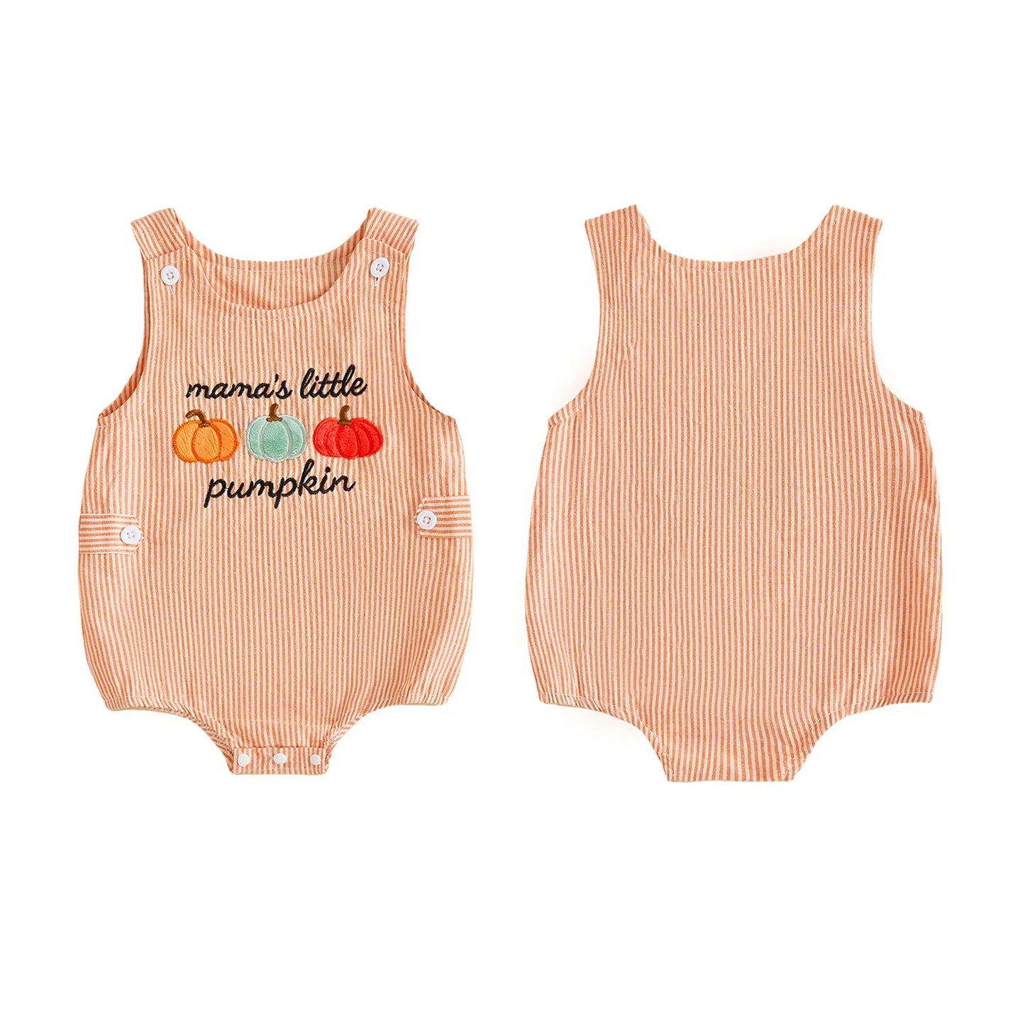 Side-by-side front and back view of the orange striped mama's little pumpkin baby bubble romper.