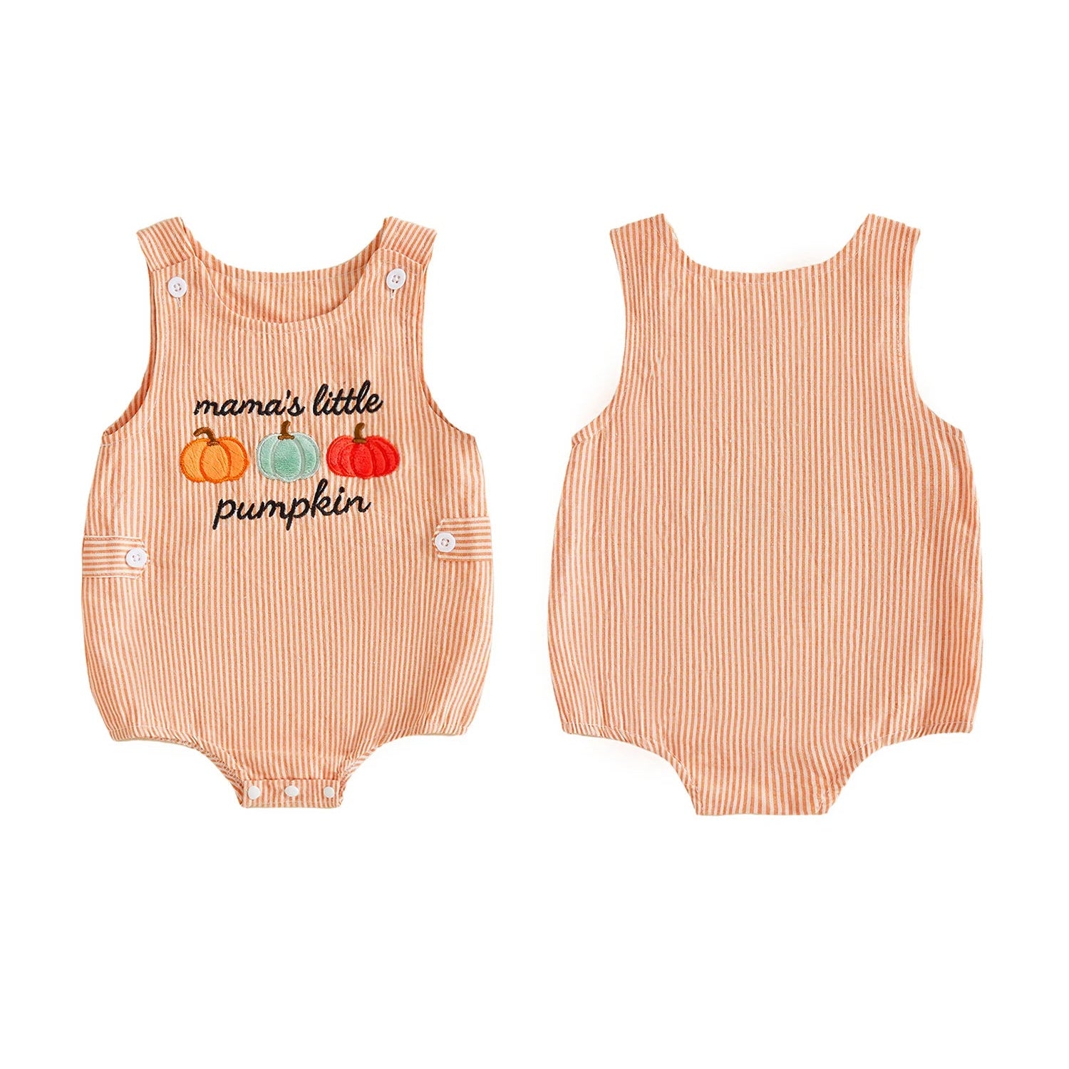 Side-by-side front and back view of the orange striped mama's little pumpkin baby bubble romper.