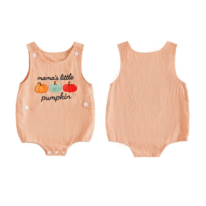 Side-by-side front and back view of the orange striped mama's little pumpkin baby bubble romper.