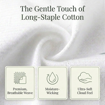 Close-up of a soft white cotton fabric swirl with an infographic header reading "The Gentle Touch of Long-Staple Cotton," highlighting premium weave, moisture-wicking, and cloud-like feel.