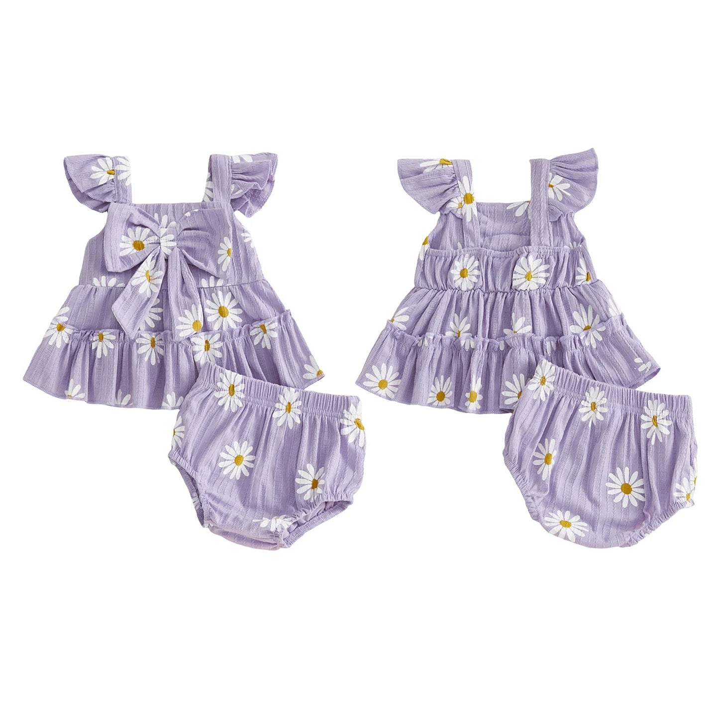 Baby girls lavendar matching set with daisy print showing the front and back view on a plain white background