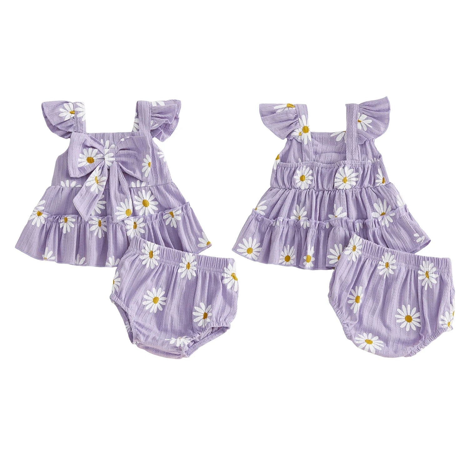 Baby girls lavendar matching set with daisy print showing the front and back view on a plain white background