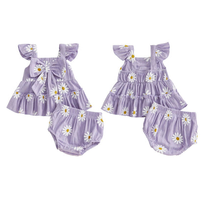 Baby girls lavendar matching set with daisy print showing the front and back view on a plain white background