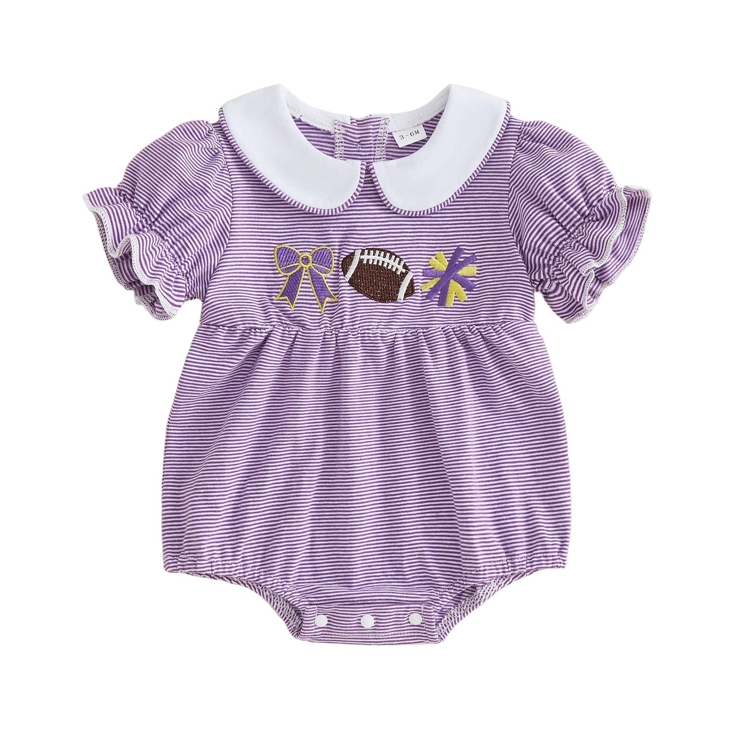 Front view of a baby girl's purple and white striped short-sleeve bubble romper featuring a white Peter Pan collar and football, cheer pom-pom, and bow embroidery on the chest.
