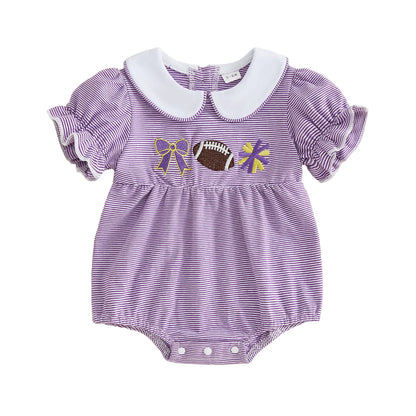 Front view of a baby girl's purple and white striped short-sleeve bubble romper featuring a white Peter Pan collar and football, cheer pom-pom, and bow embroidery on the chest.